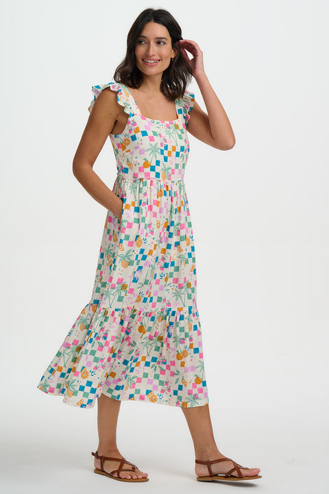 Sugarhill Estelle Shirred Sundress Offwhite Fruit Checkboard