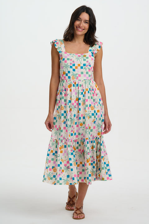 Sugarhill Estelle Shirred Sundress Offwhite Fruit Checkboard