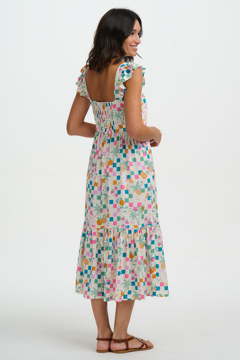 Sugarhill Estelle Shirred Sundress Offwhite Fruit Checkboard