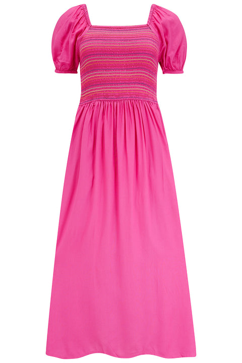 Sugarhill Octavia Midi Shirred Dress (Dark Pink Rainbow Shirring)