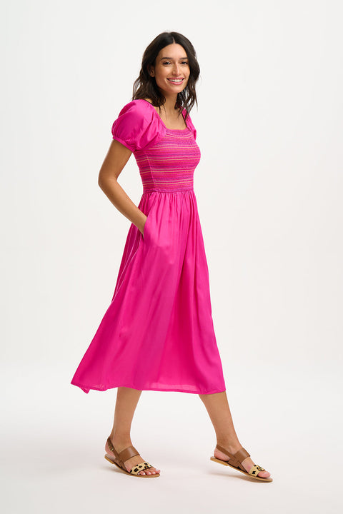 Sugarhill Octavia Midi Shirred Dress Pink
