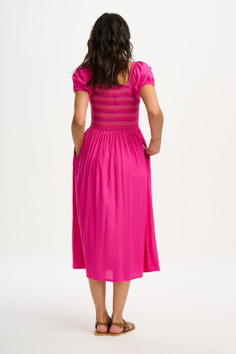 Sugarhill Octavia Midi Shirred Dress (Dark Pink Rainbow Shirring)