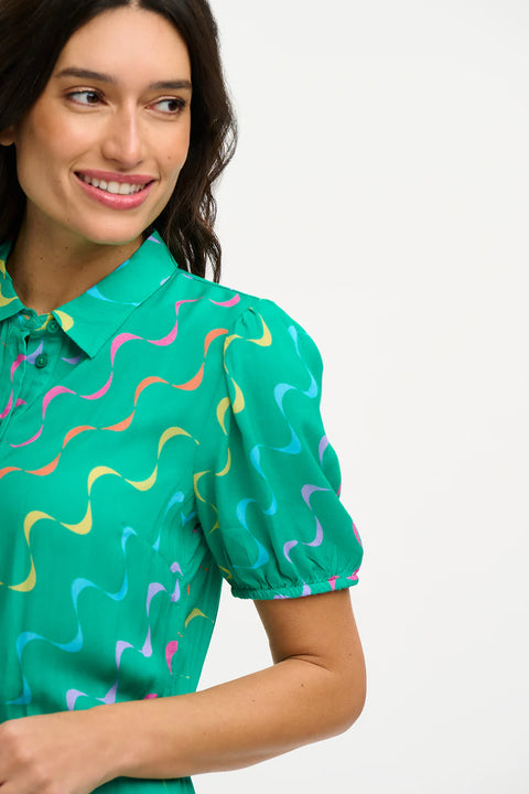 Sugarhill Salma Shirt Dress - Green, Undulating Waves
