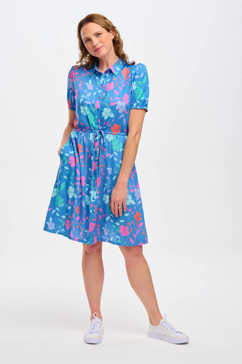 Sugarhill Salma Shirt Dress - Blue, Rainbow Floral Vine