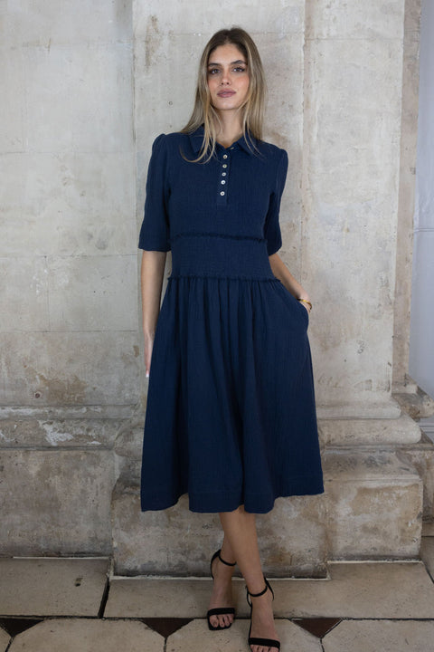 No2moro Sadie Cheesecloth Puff Sleeve Dress - Navy