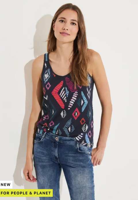 Cecil Print Tank Top with Embroidery