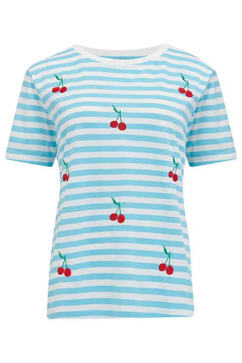 Sugarhill Maggie T Shirt Blue/White Cherry Embroidery