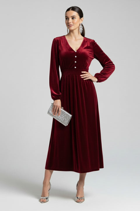 Marc Angelo Lauren Midi Velvet  Dress - Burgundy