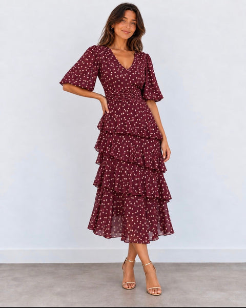Anne V-Neck Tiered Dress - burgundy