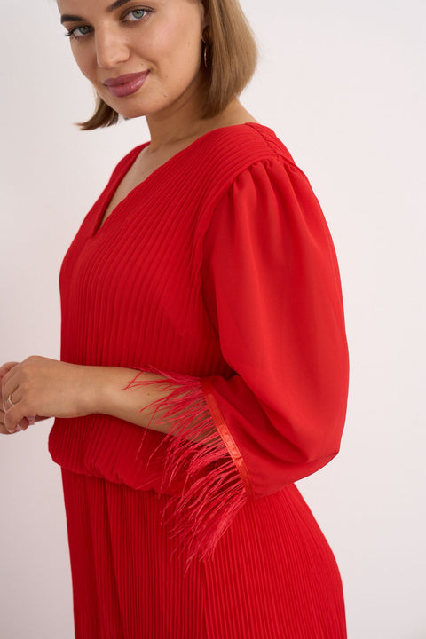 Kyla V Neck Soft  Pleated Red Dress