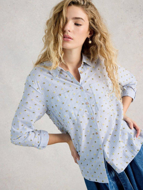 White Stuff Sophie  Organic Cotton Long Sleeve Shirt- Blue Multi