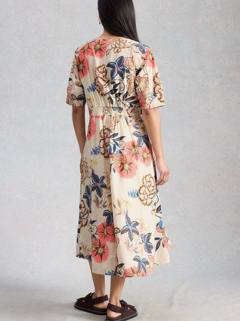 White Stuff Kate Button Through Midi Cotton Dress - Ivory Print