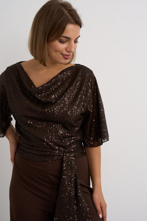 Kyla Sequin Cowl Neck Jumpsuit - Brown