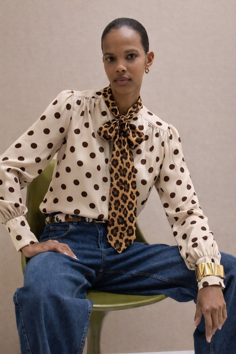 This Girls Curiosity - Polka Dot Blouse with Leopard Print Tie