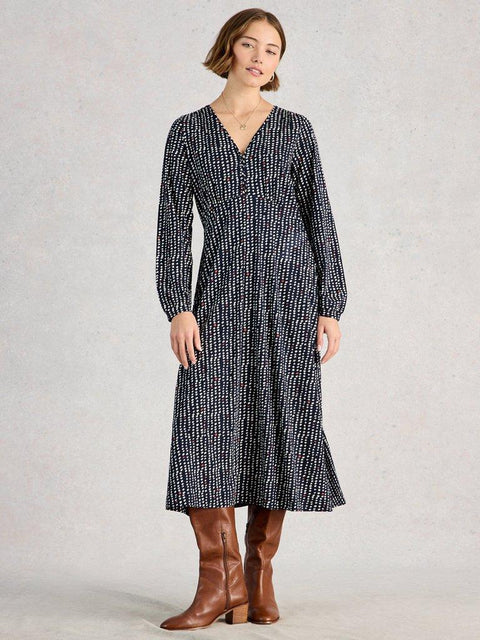 White Stuff Megan Jersey Long Sleeve Midi Dress
in NAVY MULTI