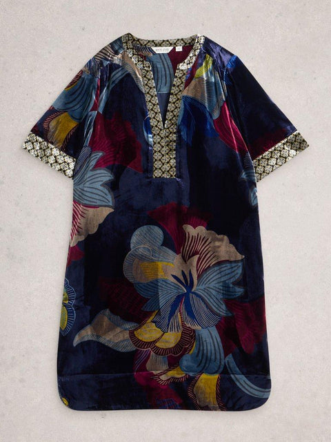 White Stuff June Velvet Dress - Navy Multi