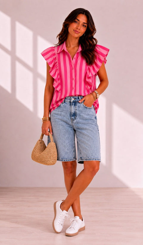 Kyla Betty Stripped Top Blouse - Pink