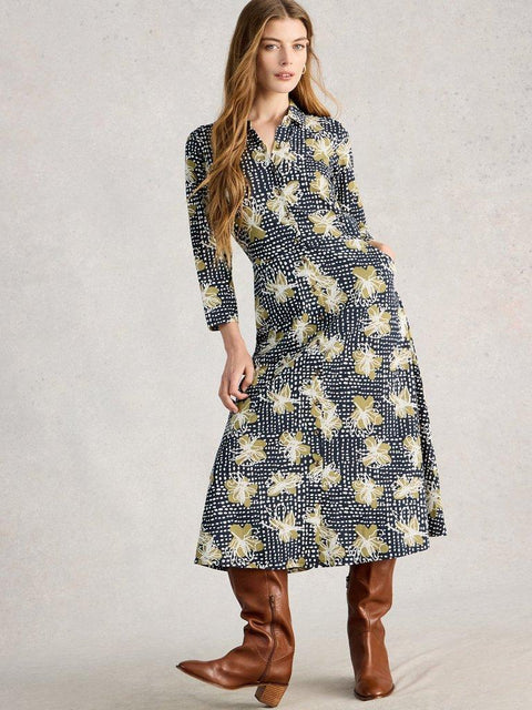 White Stuff Rua Jersey Shirt Dress Midi
in Navy Print