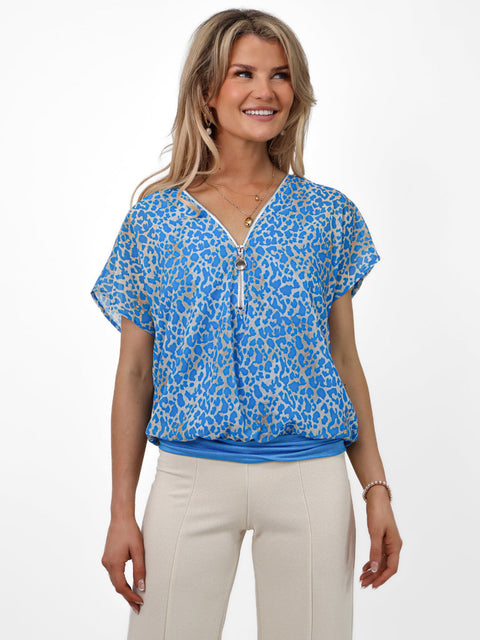 Kate & Pippa Eva Zip Top in Tiffany Blue Animal Print