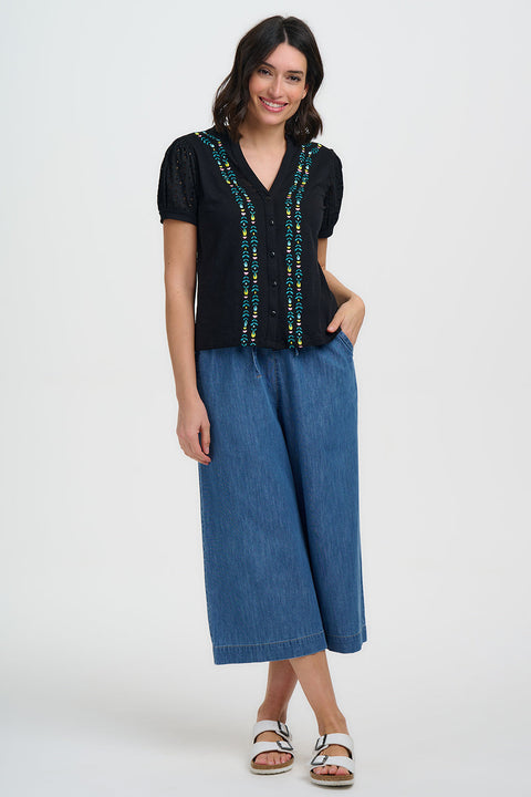 Sugarhill Elsie Jersey Top Black Folklore Embroidery