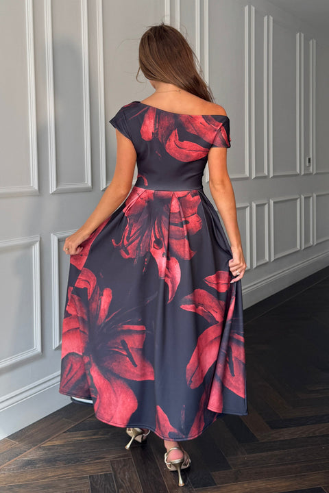 Girl in Mind
 Betty Asymmetric Neckline Skater Midi Black Floral