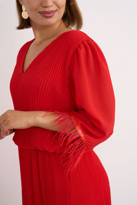 Kyla V Neck Soft  Pleated Red Dress