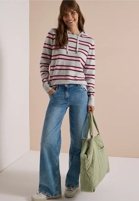 Cecil Long Sleeve Hoody with Stripes - grey melange