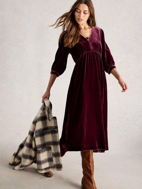 White Stuff Lucy Velvet Dress - in dark plum