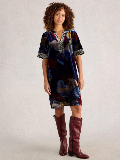 White Stuff June Velvet Dress - Navy Multi