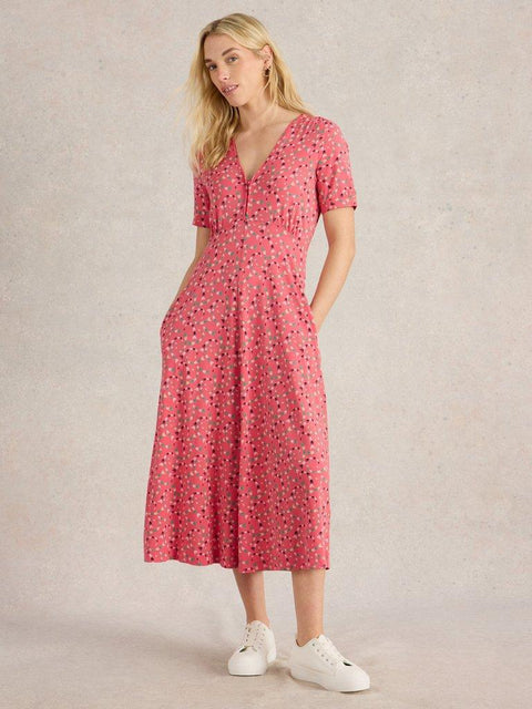 White Stuff Megan Midi Jersey Dress - Coral Multi