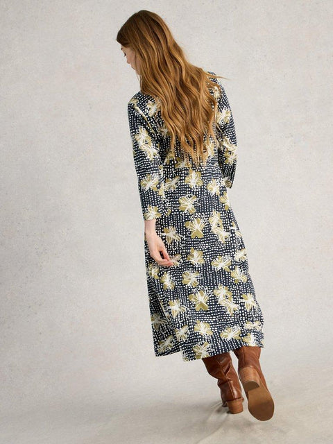White Stuff Rua Jersey Shirt Dress Midi
in Navy Print