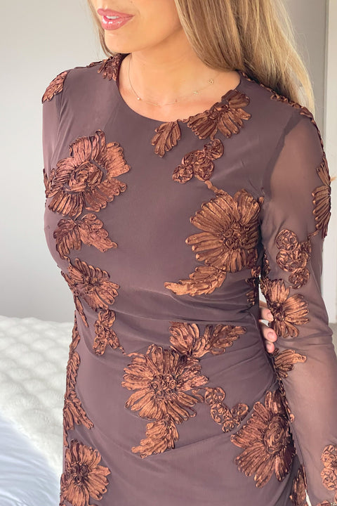 Girl in Mind Elodi Floral Embroidered Mesh Midi Dress- Brown