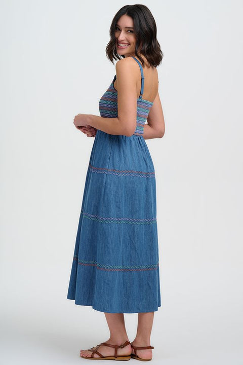 Sugarhill Murren Washed Blue Denim Shirred Midi Dress