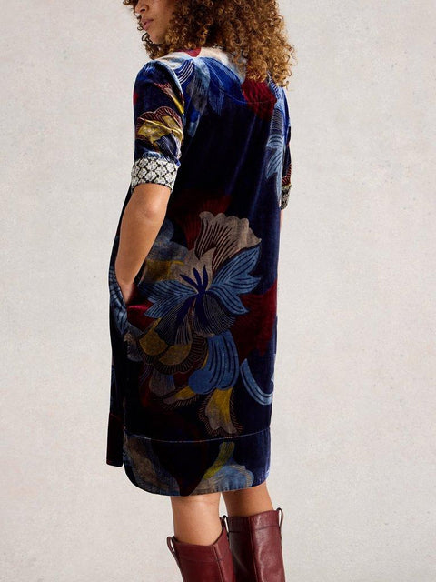 White Stuff June Velvet Dress - Navy Multi