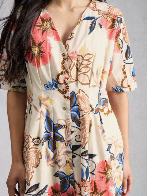 White Stuff Kate Button Through Midi Cotton Dress - Ivory Print
