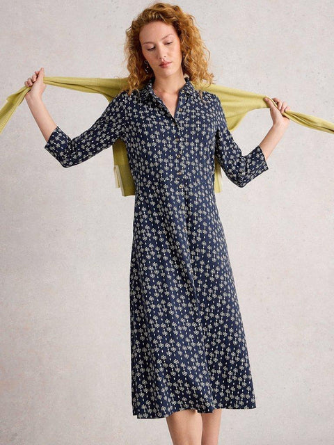 White Stuff Rua Jersey Shirt Dress - Navy Print