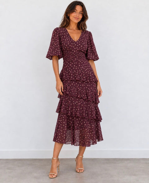 Anne V-Neck Tiered Dress - burgundy