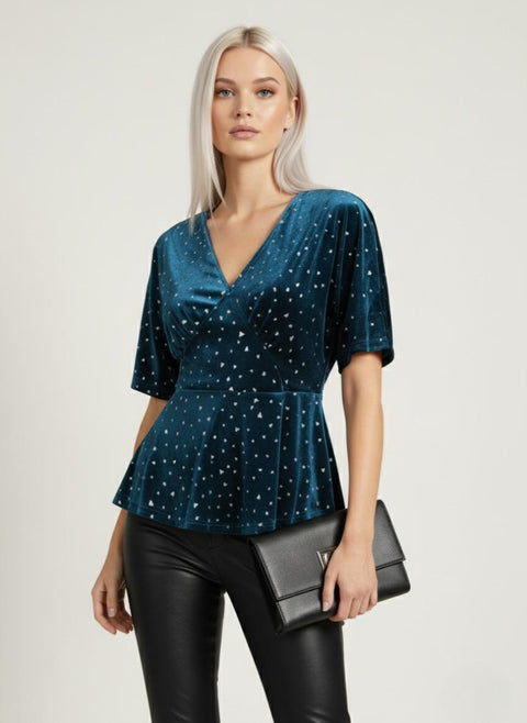 Paula Peplum Top Velvet Teal