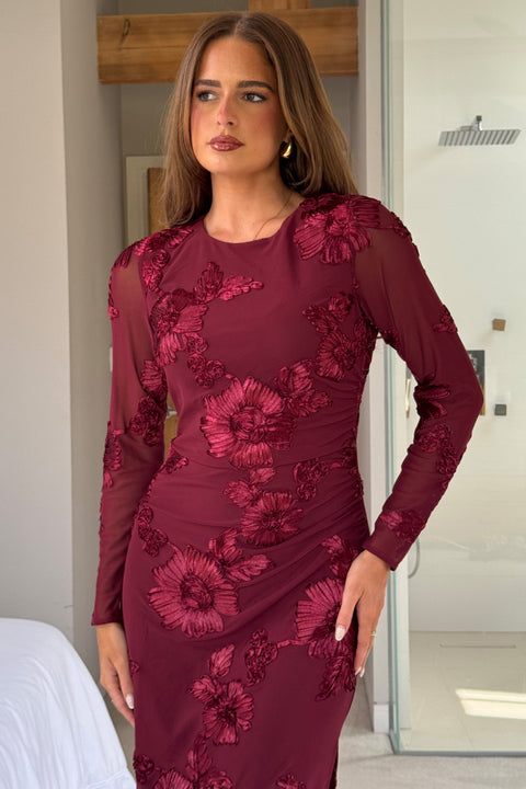 Girl in Mind Elodi Floral Embroidered Mesh Midi Dress - Wine