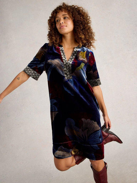 White Stuff June Velvet Dress - Navy Multi