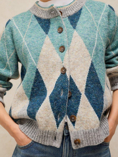 White Stuff Argyle Cardigan - blue multi