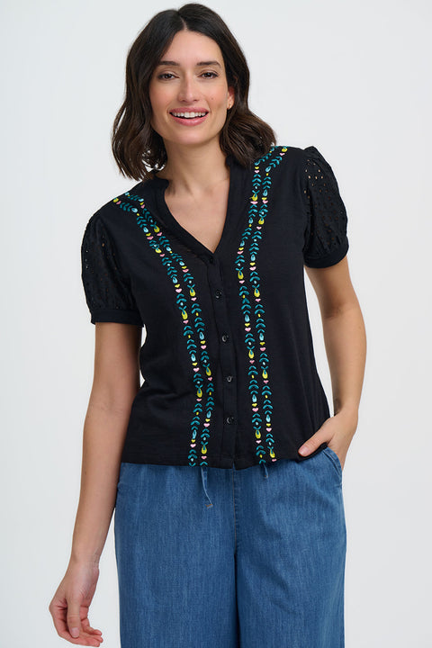 Sugarhill Elsie Jersey Top Black Folklore Embroidery