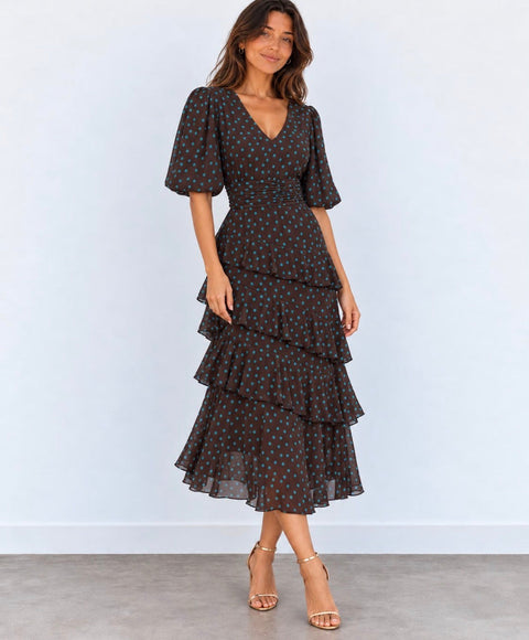 Anne V-Neck Tiered Dress - Brown