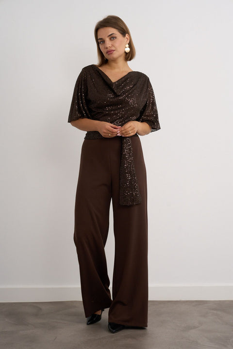 Kyla Sequin Cowl Neck Jumpsuit - Brown