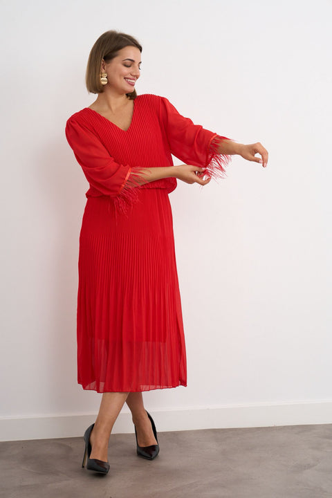Kyla V Neck Soft  Pleated Red Dress