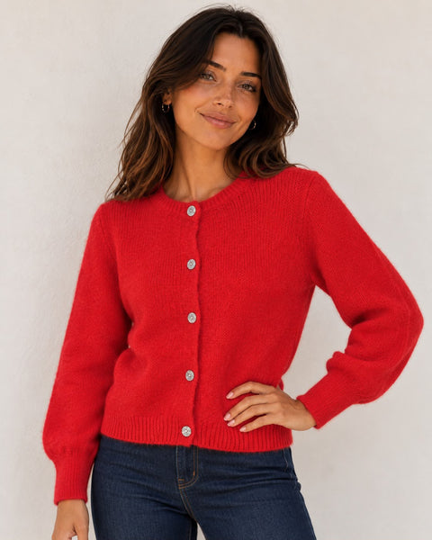 Red Mohair Knit Cardigan