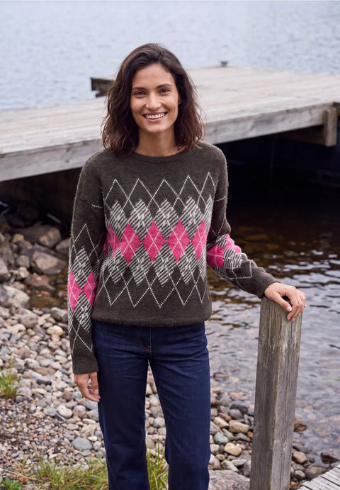 Cecil Feather Yarn knit with Argyle Print