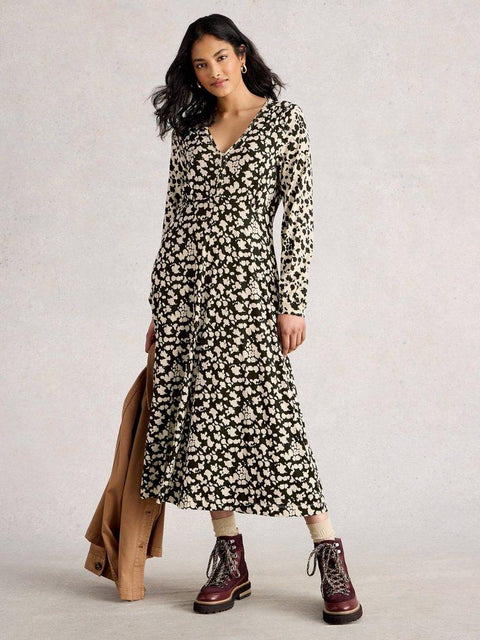 White Stuff Megan Long Sleeve Jersey Midi Dress - Black print