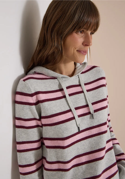 Cecil Long Sleeve Hoody with Stripes - grey melange