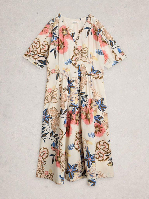 White Stuff Kate Button Through Midi Cotton Dress - Ivory Print